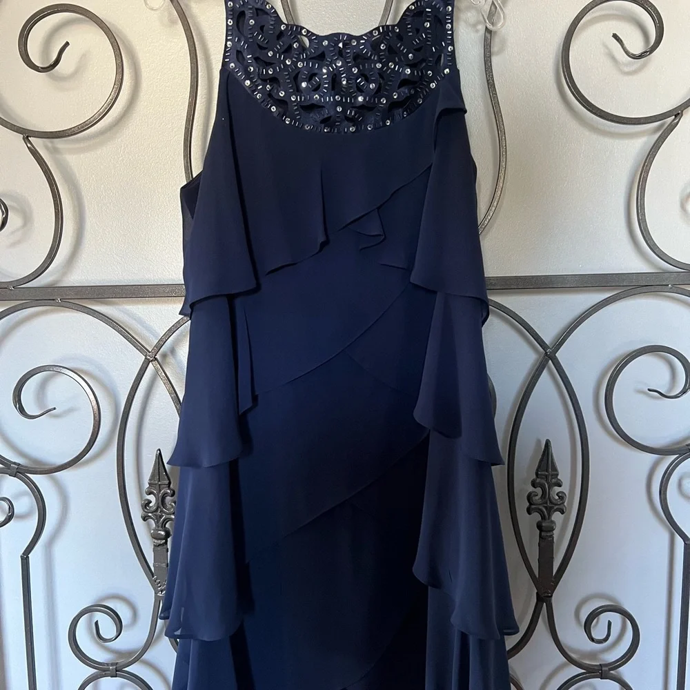 S.L. Fashions navy sleeveless, tiered dress with beading, size 14. - Picture 5 of 8